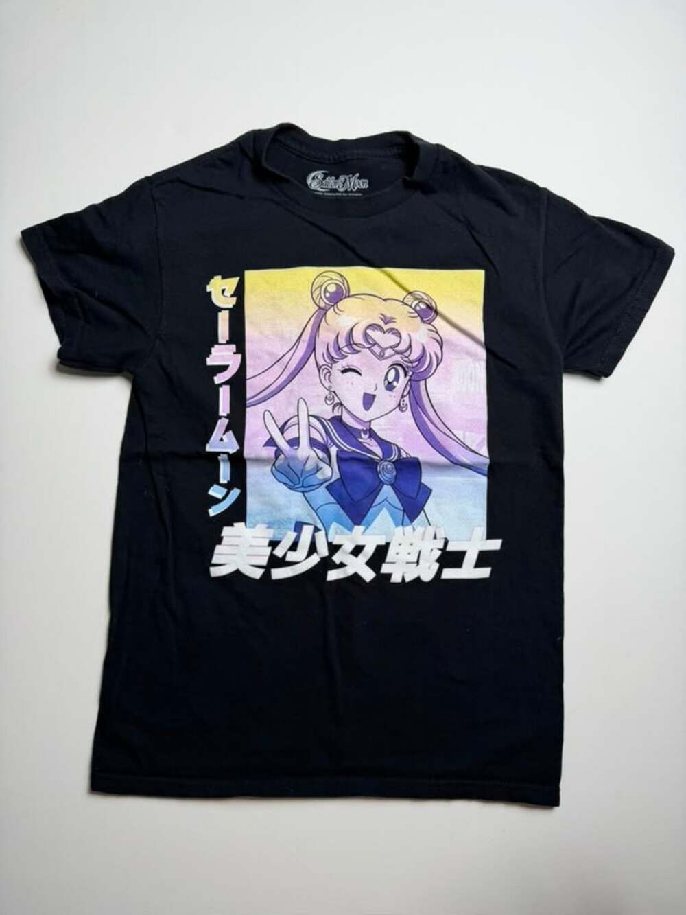 Anime Girl Graphic Tee Sailor Moon Hybrid Black T-Shirt Winking Usagi Kanji